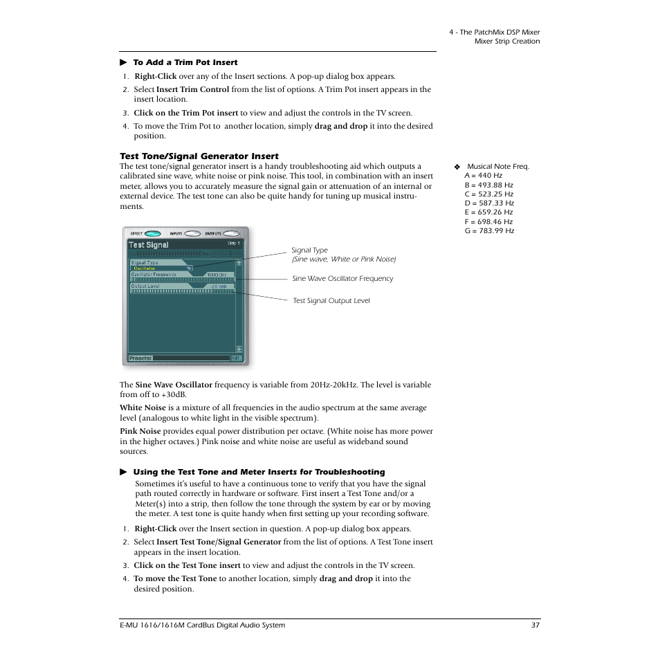 Test tone/signal generator insert, See “test tone/signal generator insert | E-MU 1616M PCIe User Manual | Page 37 / 101