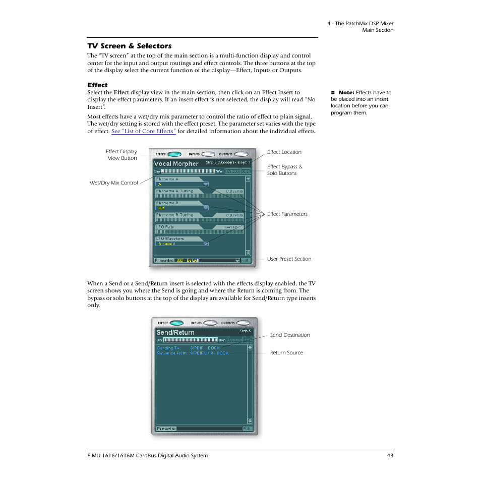 Tv screen & selectors, Effect | E-MU 1616M PCIe User Manual | Page 43 / 101