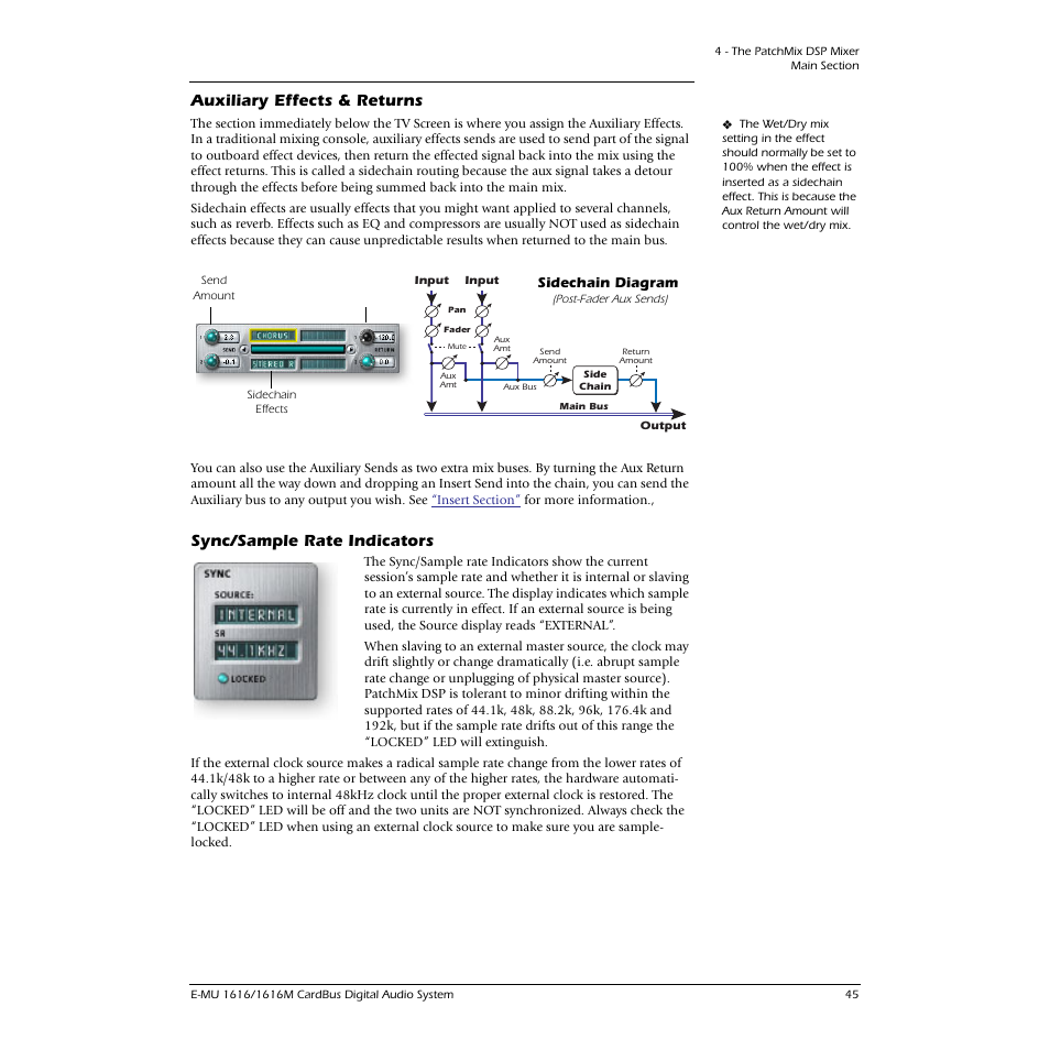 Auxiliary effects & returns, Sidechain diagram, Sync/sample rate indicators | E-MU 1616M PCIe User Manual | Page 45 / 101