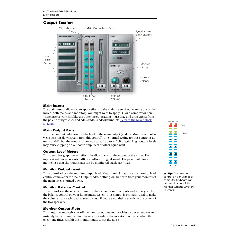 Output section, Main inserts, Main output fader | Output level meters, Monitor output level, Monitor balance control, Monitor output mute | E-MU 1616M PCIe User Manual | Page 46 / 101