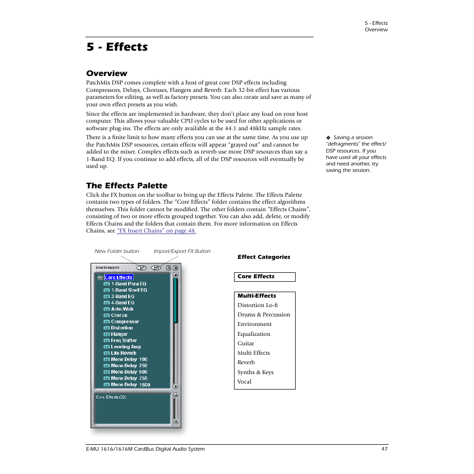 5 - effects, Overview, The effects palette | Overview the effects palette, See “the effects palette | E-MU 1616M PCIe User Manual | Page 47 / 101