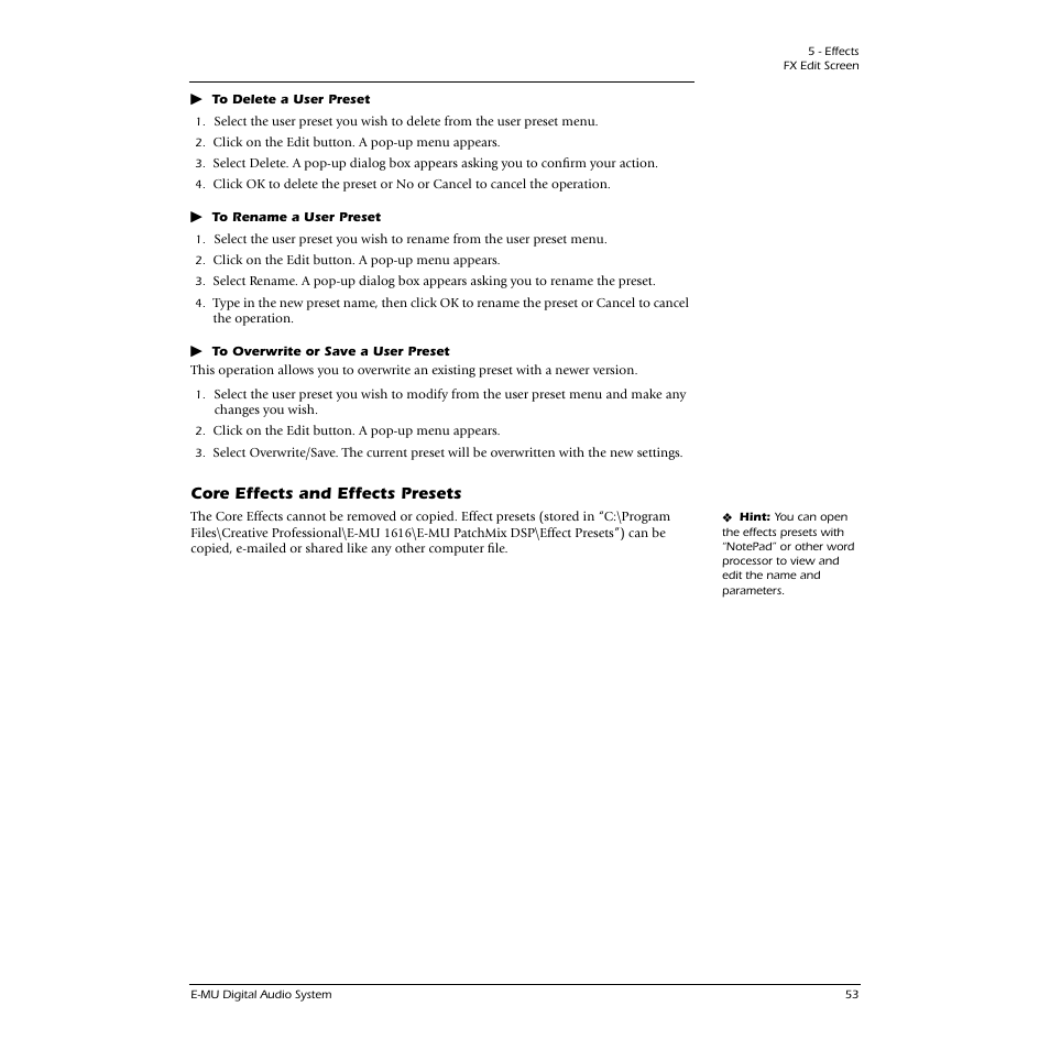 Core effects and effects presets | E-MU 1616M PCIe User Manual | Page 53 / 101