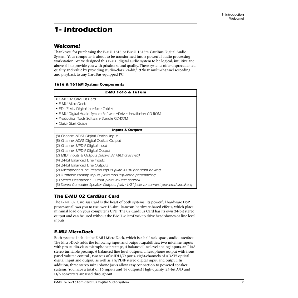 Introduction, Welcome, The e-mu 02 cardbus card | E-mu microdock, The e-mu 02 cardbus card e-mu microdock | E-MU 1616M PCIe User Manual | Page 7 / 101