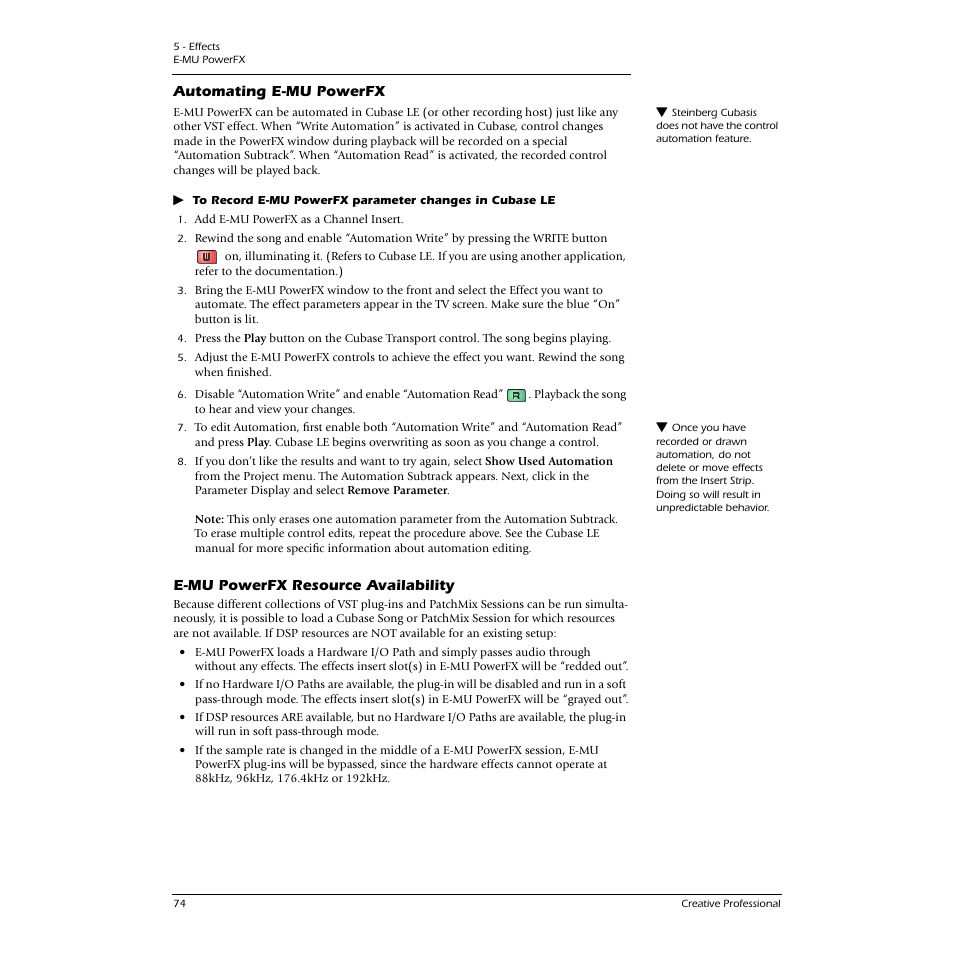 Automating e-mu powerfx, E-mu powerfx resource availability | E-MU 1616M PCIe User Manual | Page 74 / 101