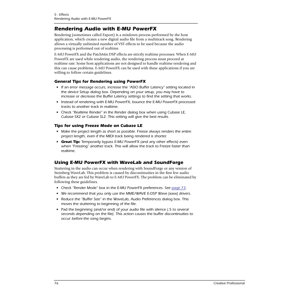 Rendering audio with e-mu powerfx, General tips for rendering using powerfx, Tips for using freeze mode on cubase le | Using e-mu powerfx with wavelab and soundforge | E-MU 1616M PCIe User Manual | Page 76 / 101