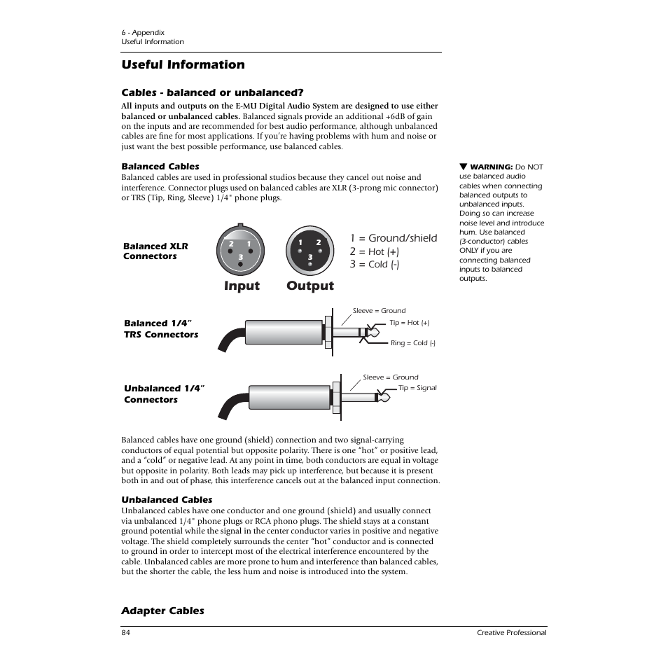 Useful information, Cables - balanced or unbalanced, Balanced cables | Unbalanced cables, Adapter cables, Balanced cables unbalanced cables, See cables - balanced or unbalanced, Output input | E-MU 1616M PCIe User Manual | Page 84 / 101