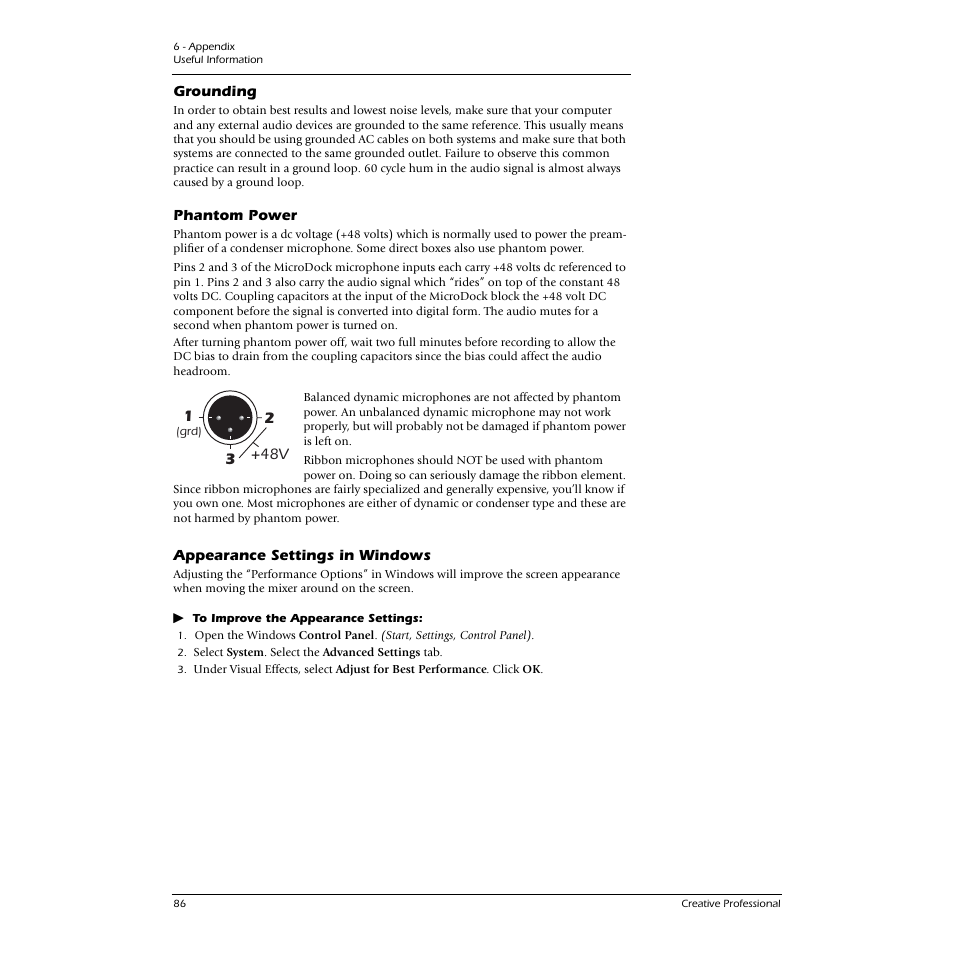Grounding, Phantom power, Appearance settings in windows | See phantom power | E-MU 1616M PCIe User Manual | Page 86 / 101