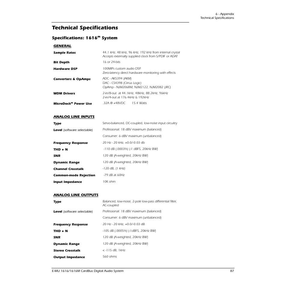 Technical specifications, Specifications: 1616, System | E-MU 1616M PCIe User Manual | Page 87 / 101