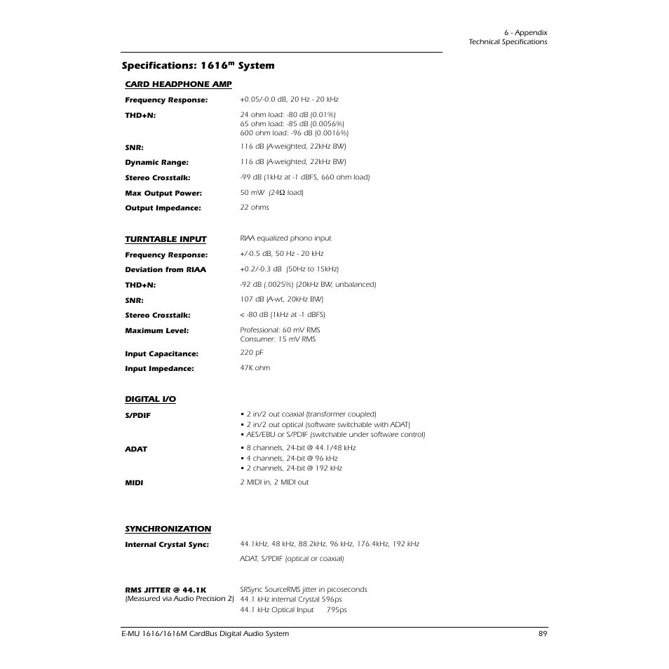 Specifications: 1616, System | E-MU 1616M PCIe User Manual | Page 89 / 101