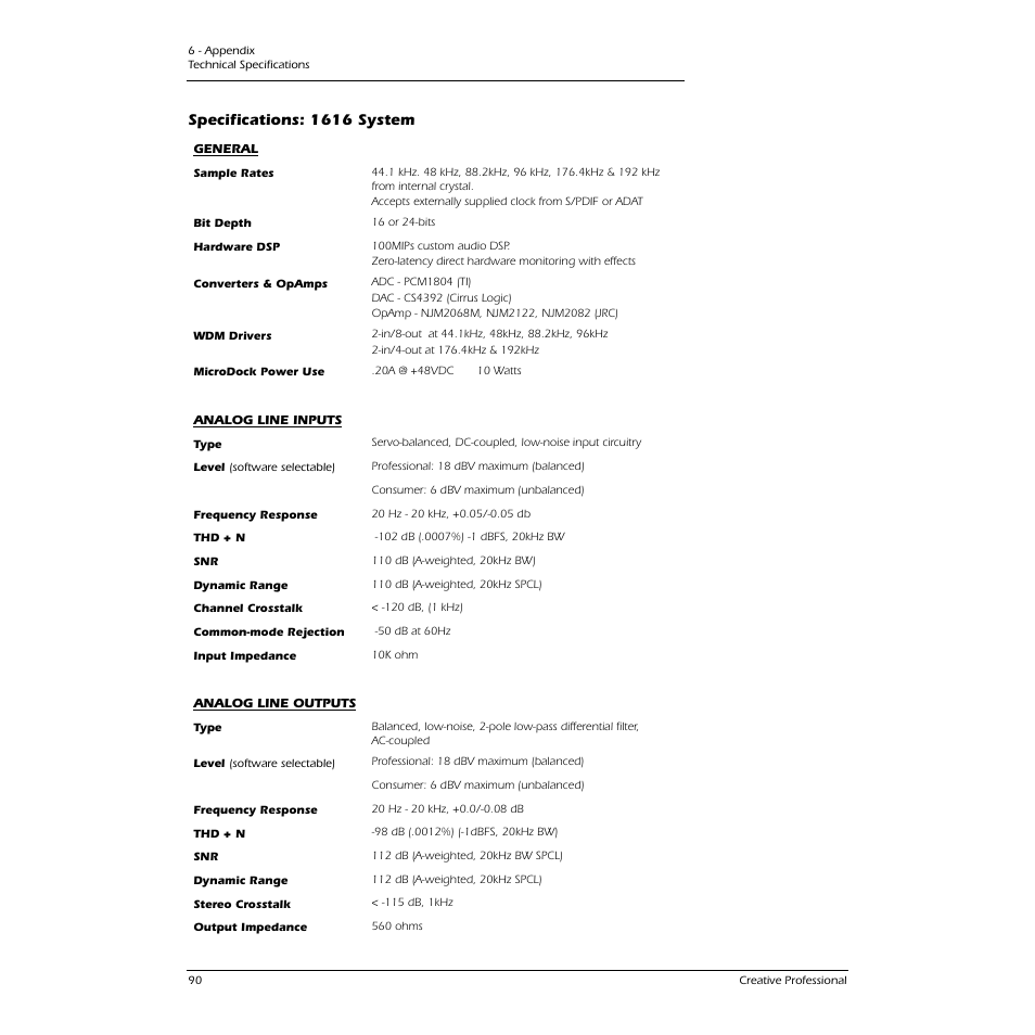 Specifications: 1616 system | E-MU 1616M PCIe User Manual | Page 90 / 101