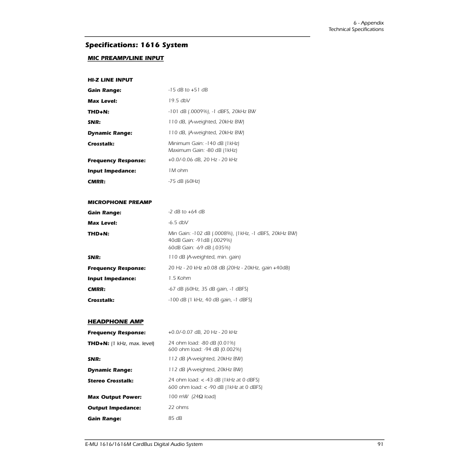 Specifications: 1616 system | E-MU 1616M PCIe User Manual | Page 91 / 101