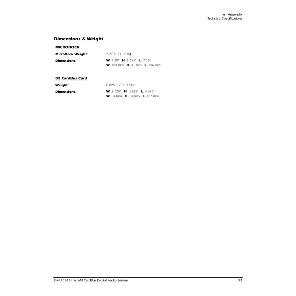 Dimensions & weight | E-MU 1616M PCIe User Manual | Page 93 / 101