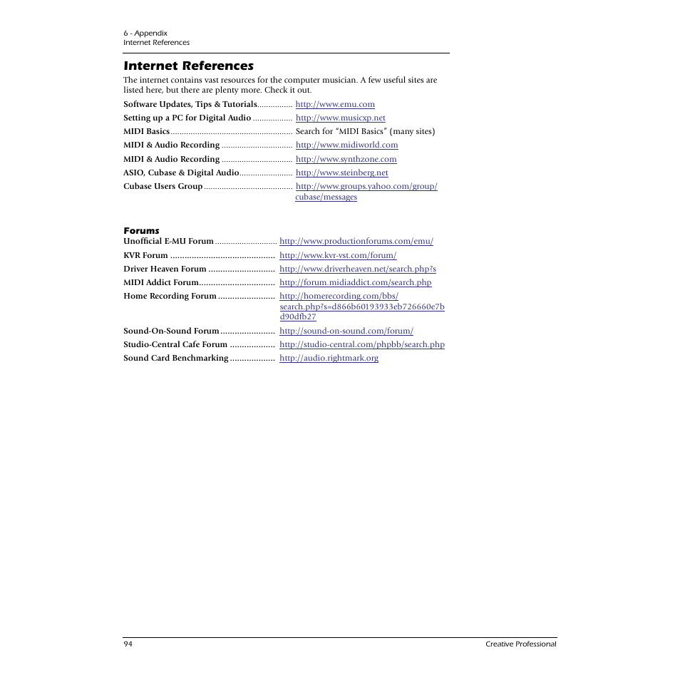 Internet references, Forums | E-MU 1616M PCIe User Manual | Page 94 / 101