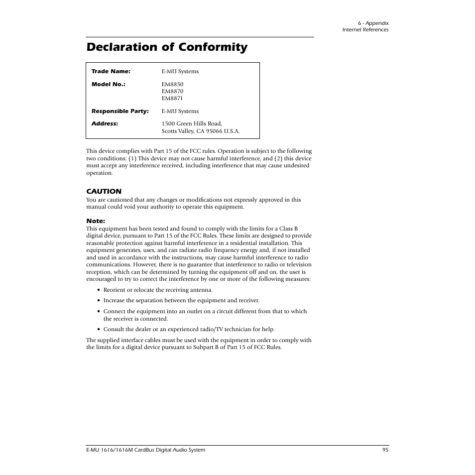 Declaration of conformity | E-MU 1616M PCIe User Manual | Page 95 / 101