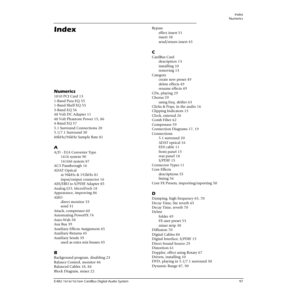Index | E-MU 1616M PCIe User Manual | Page 97 / 101