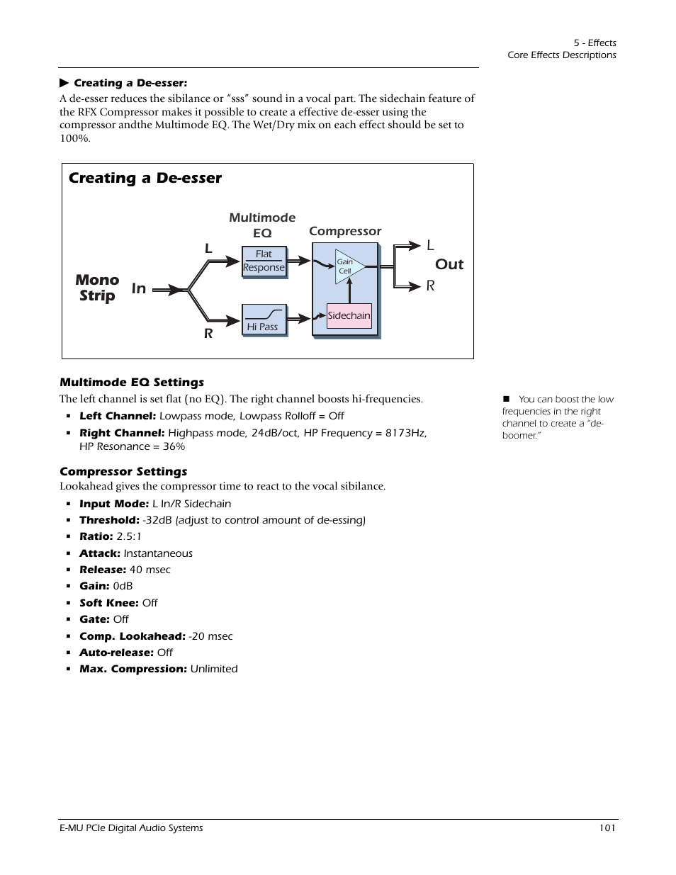 Multimode eq settings, Compressor settings, Multimode eq settings compressor settings | Lout r mono strip creating a de-esser | E-MU 1212M PCIe User Manual | Page 101 / 132