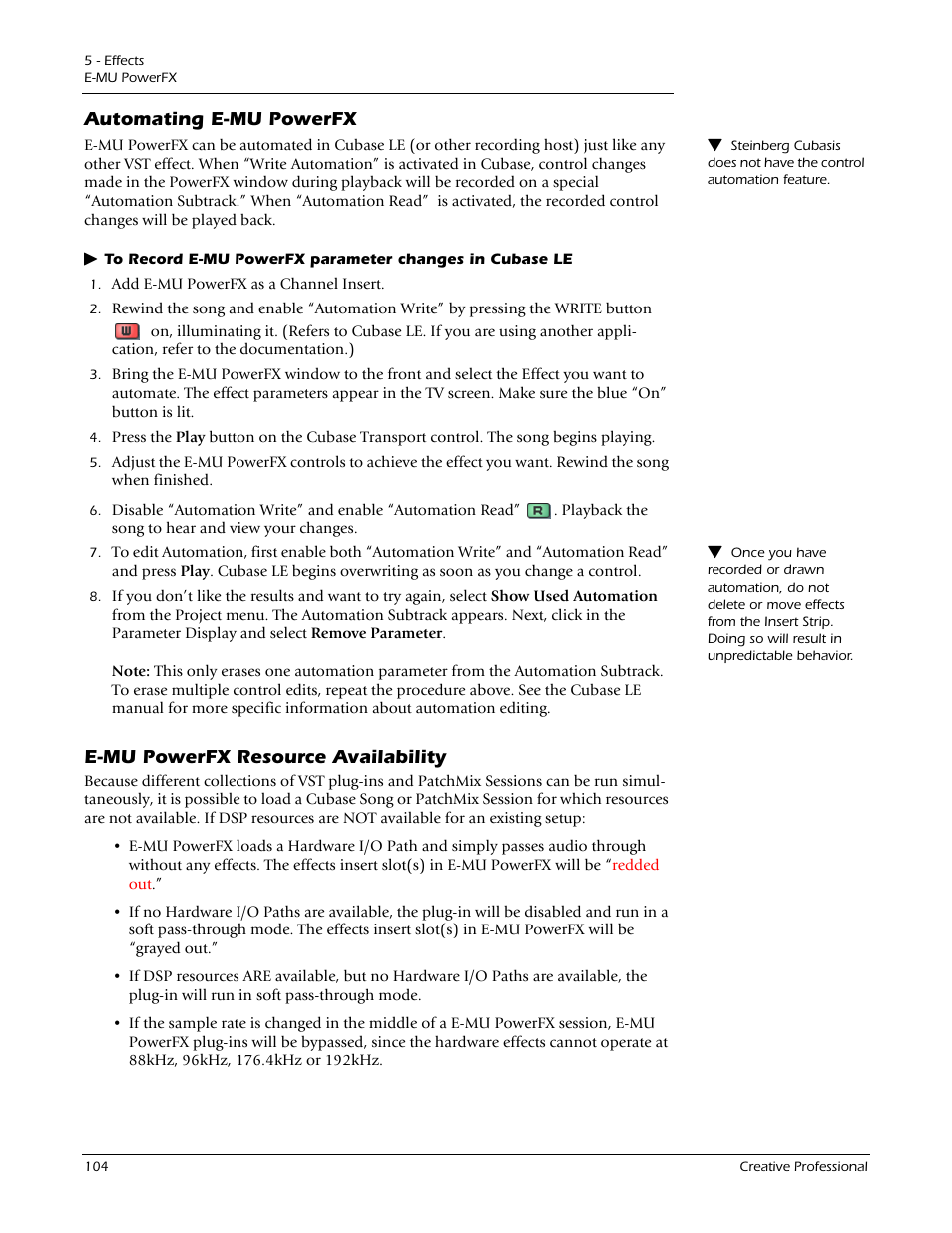Automating e-mu powerfx, E-mu powerfx resource availability | E-MU 1212M PCIe User Manual | Page 104 / 132