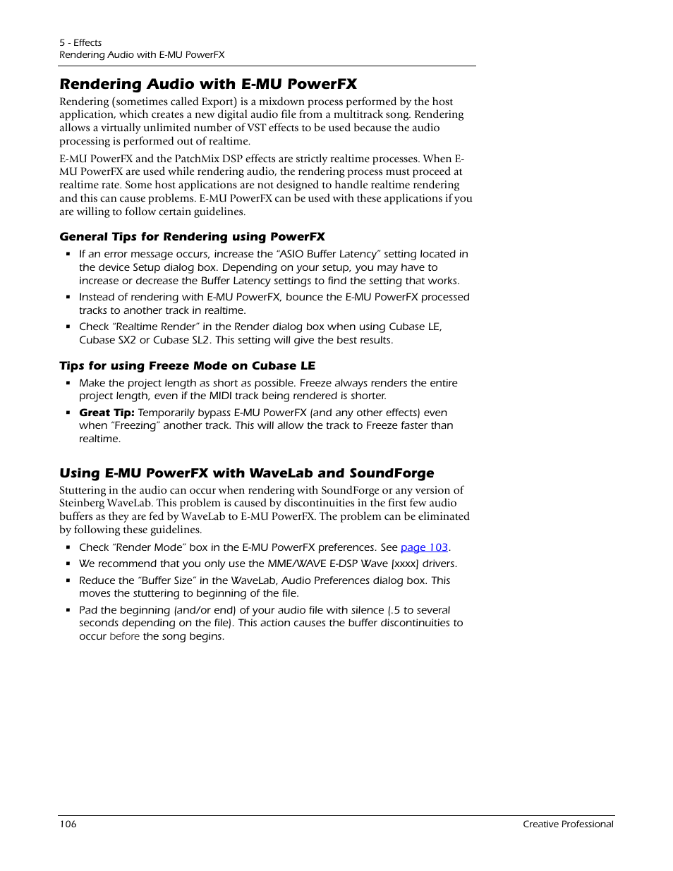 Rendering audio with e-mu powerfx, General tips for rendering using powerfx, Tips for using freeze mode on cubase le | Using e-mu powerfx with wavelab and soundforge | E-MU 1212M PCIe User Manual | Page 106 / 132