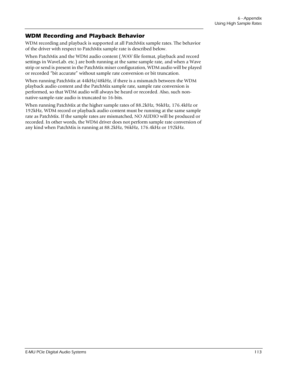 Wdm recording and playback behavior, At high sample rates, see | E-MU 1212M PCIe User Manual | Page 113 / 132