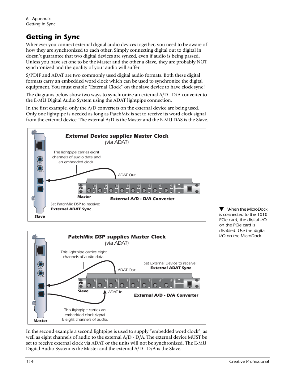 Getting in sync, Patchmix dsp supplies master clock (via adat), External device supplies master clock (via adat) | External a/d - d/a converter | E-MU 1212M PCIe User Manual | Page 114 / 132