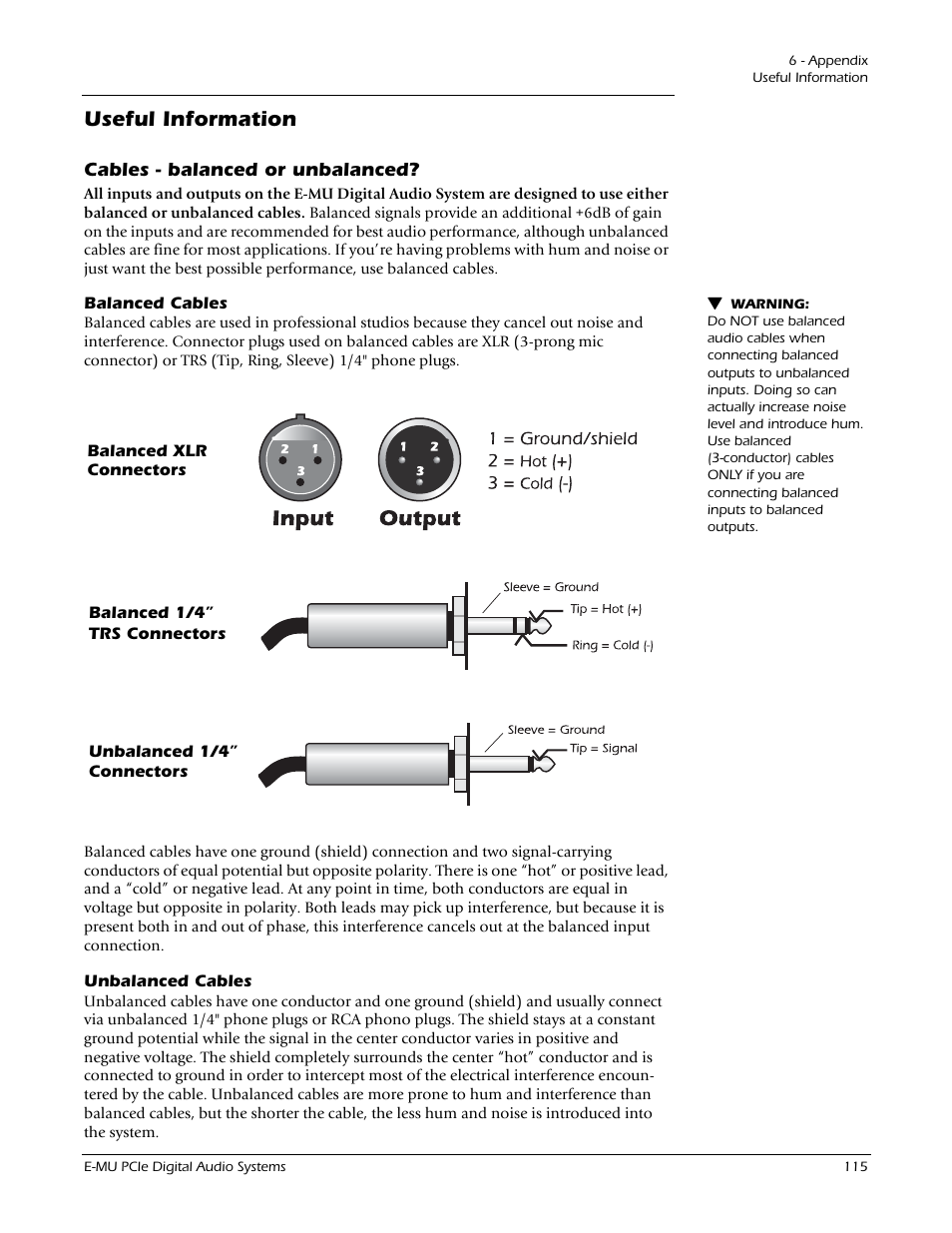 Useful information, Cables - balanced or unbalanced, Balanced cables | Unbalanced cables, Balanced cables unbalanced cables, See “cables - balanced or unbalanced, In the | E-MU 1212M PCIe User Manual | Page 115 / 132