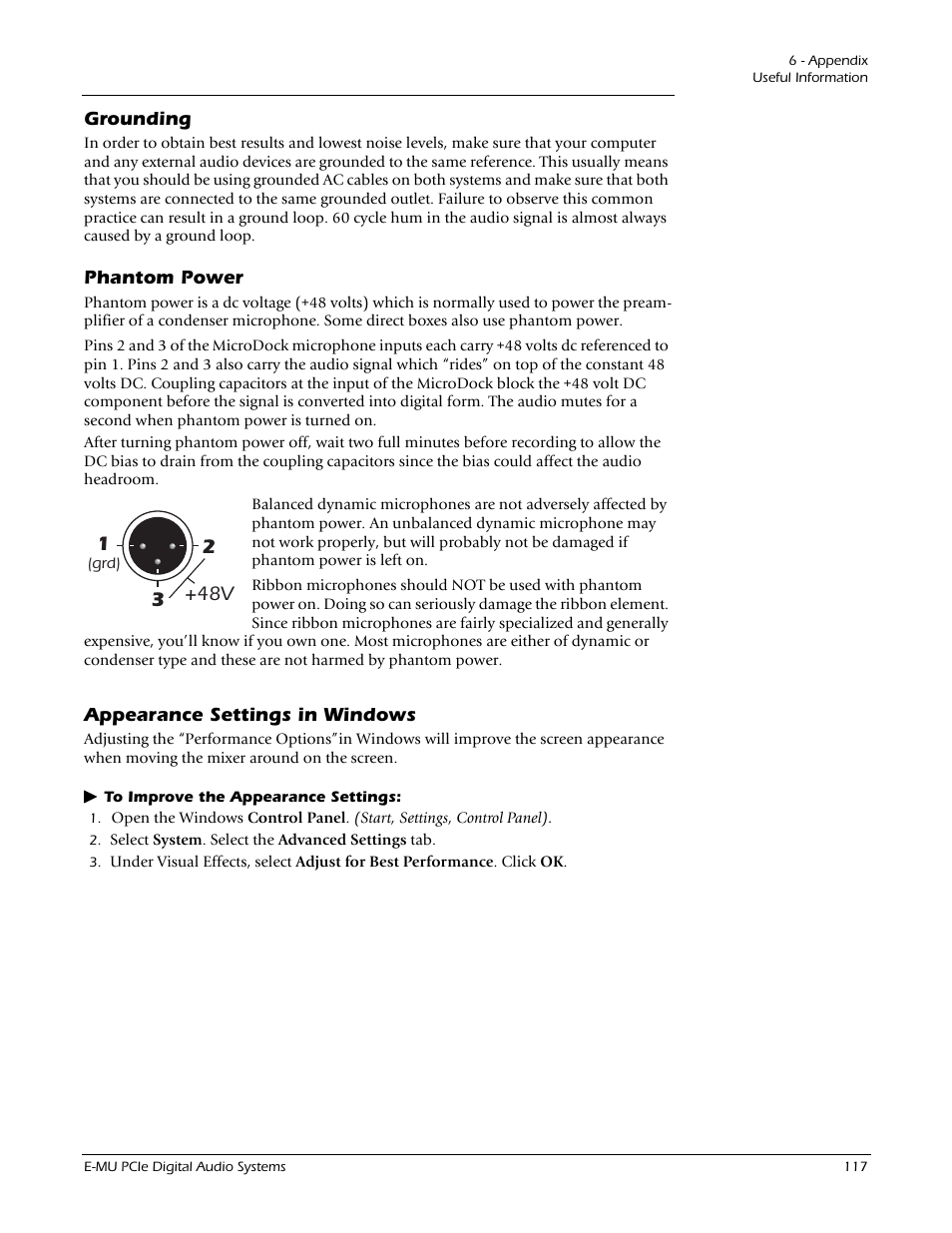 Grounding, Phantom power, Appearance settings in windows | See “phantom power, 32 +48v | E-MU 1212M PCIe User Manual | Page 117 / 132
