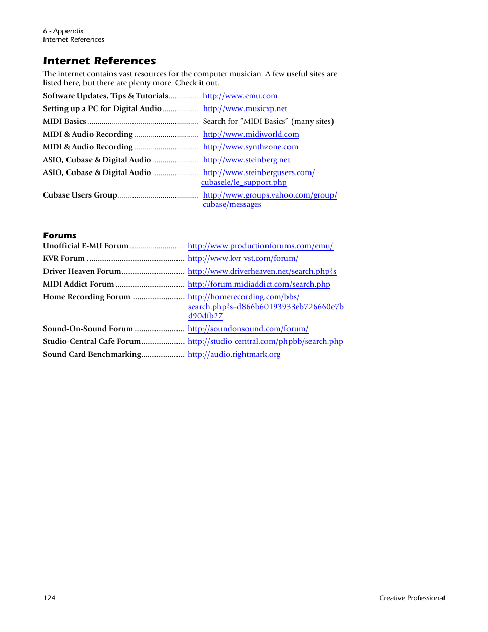 Internet references, Forums | E-MU 1212M PCIe User Manual | Page 124 / 132