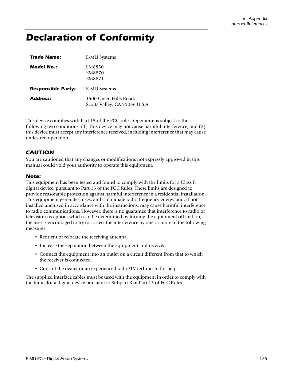 Declaration of conformity | E-MU 1212M PCIe User Manual | Page 125 / 132