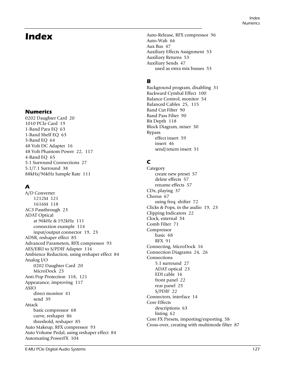 Index | E-MU 1212M PCIe User Manual | Page 127 / 132