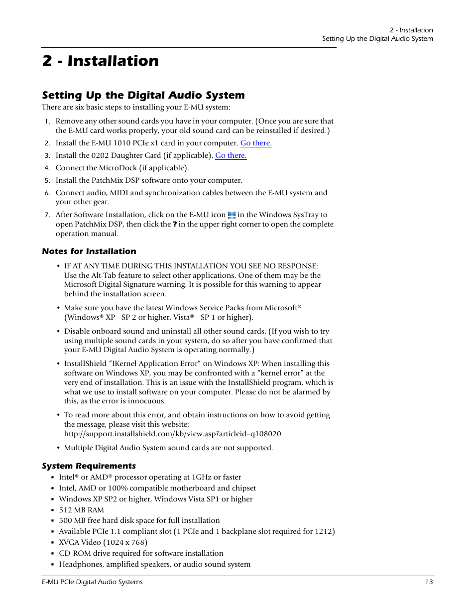2 - installation, Setting up the digital audio system, Notes for installation | System requirements, Notes for installation system requirements | E-MU 1212M PCIe User Manual | Page 13 / 132