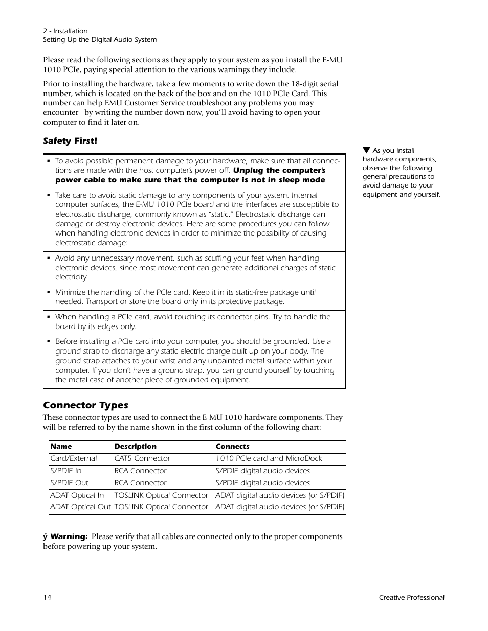Safety first, Connector types | E-MU 1212M PCIe User Manual | Page 14 / 132