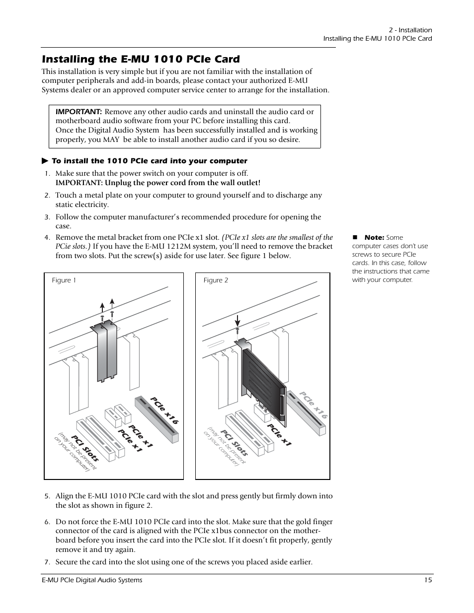 Installing the e-mu 1010 pcie card | E-MU 1212M PCIe User Manual | Page 15 / 132