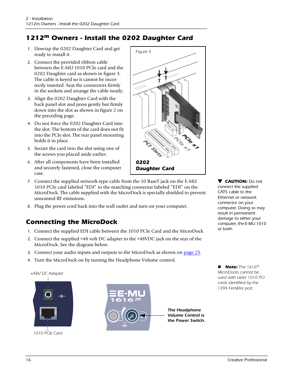 1212m owners - install the 0202 daughter card, Connecting the microdock, Owners - install the 0202 daughter card | E-MU 1212M PCIe User Manual | Page 16 / 132