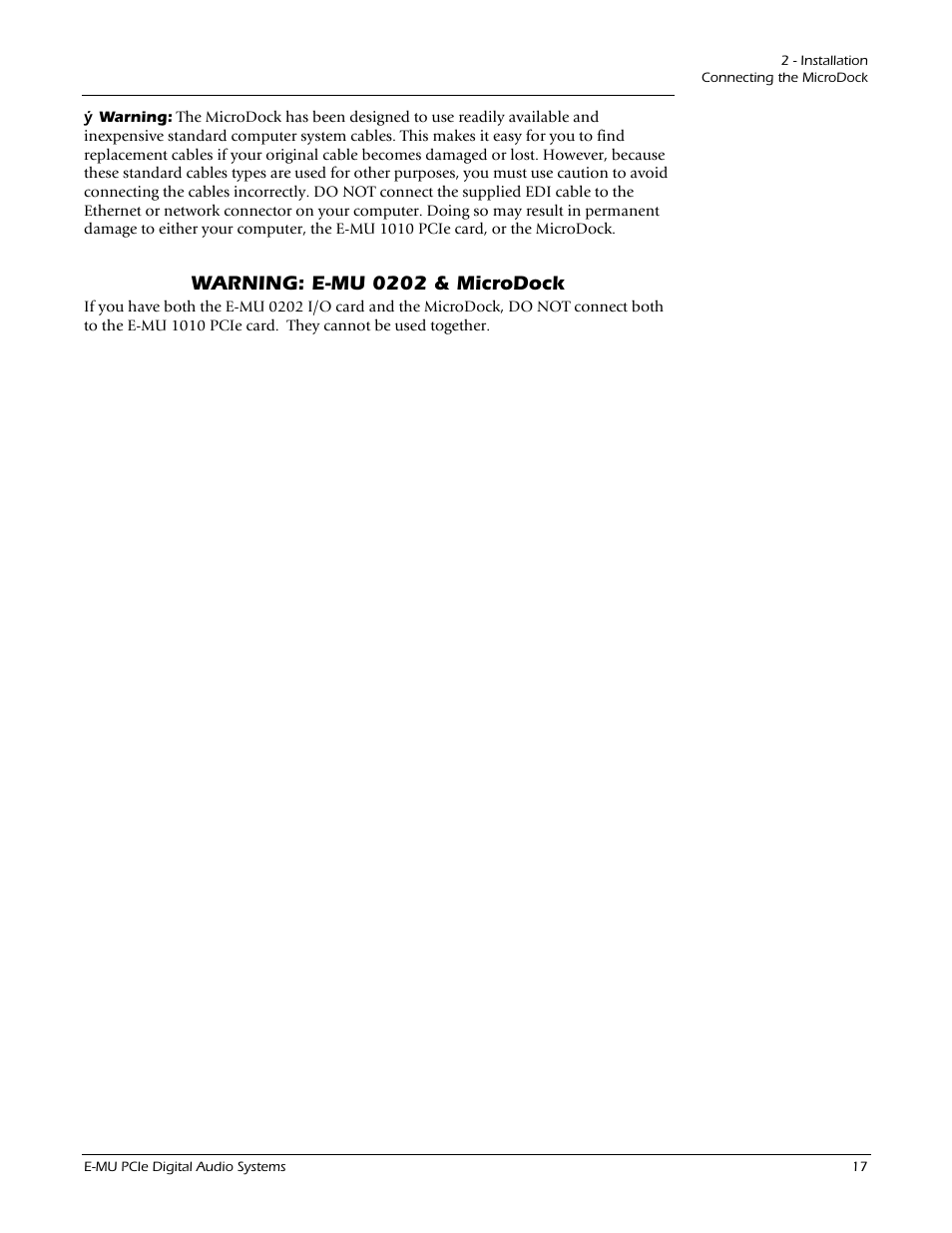 Warning: e-mu 0202 & microdock | E-MU 1212M PCIe User Manual | Page 17 / 132