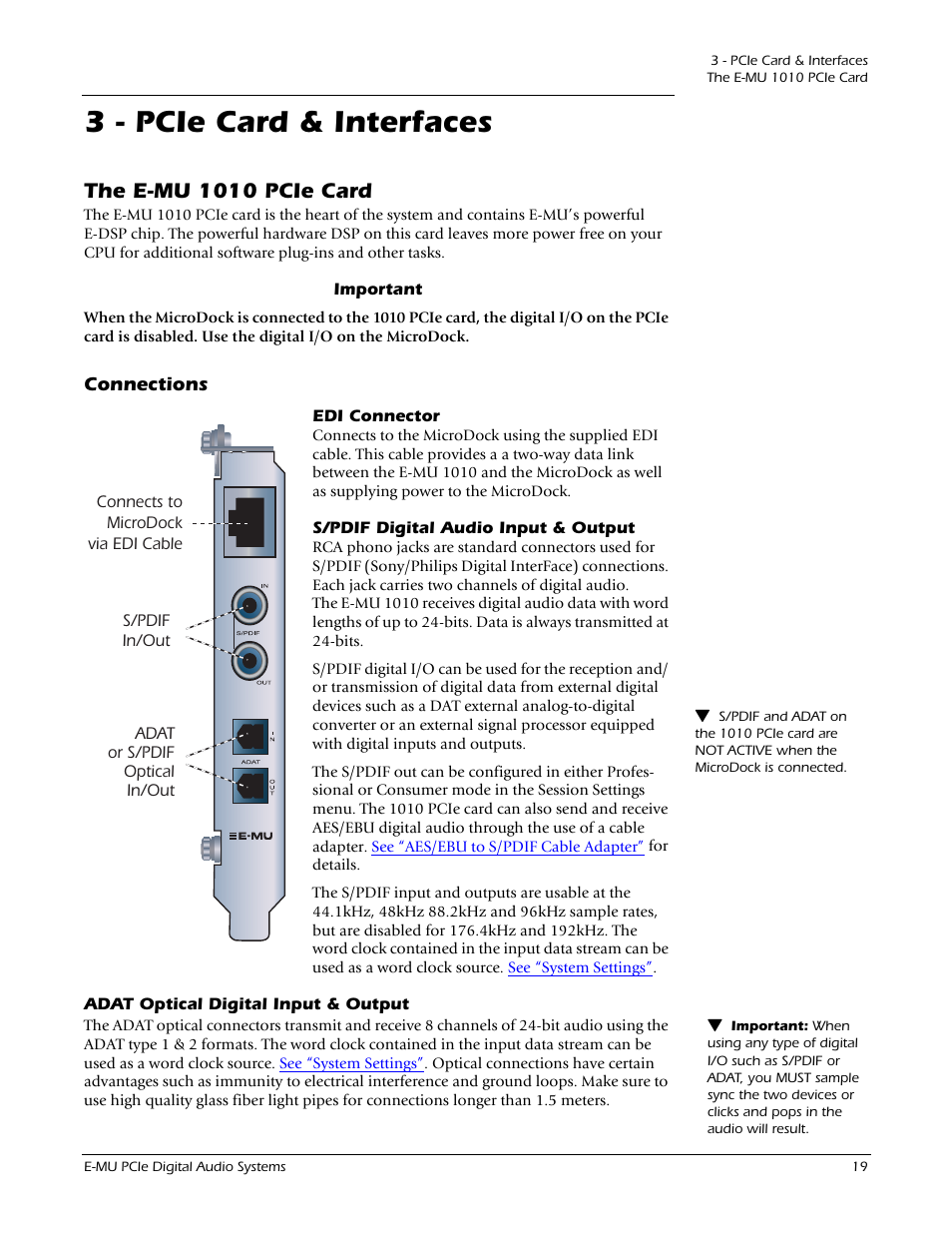 3 - pcie card & interfaces, The e-mu 1010 pcie card, Important | Connections, Edi connector, S/pdif digital audio input & output, Adat optical digital input & output | E-MU 1212M PCIe User Manual | Page 19 / 132