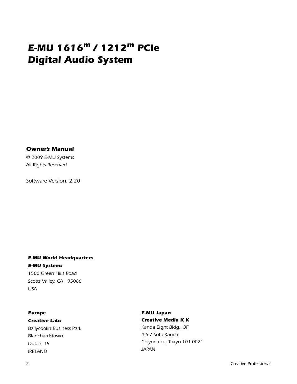E-mu 1616, Pcie, Digital audio system | E-MU 1212M PCIe User Manual | Page 2 / 132
