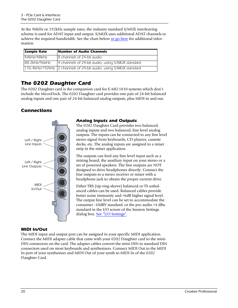 The 0202 daughter card, Connections, Analog inputs and outputs | Midi in/out, Analog inputs and outputs midi in/out | E-MU 1212M PCIe User Manual | Page 20 / 132