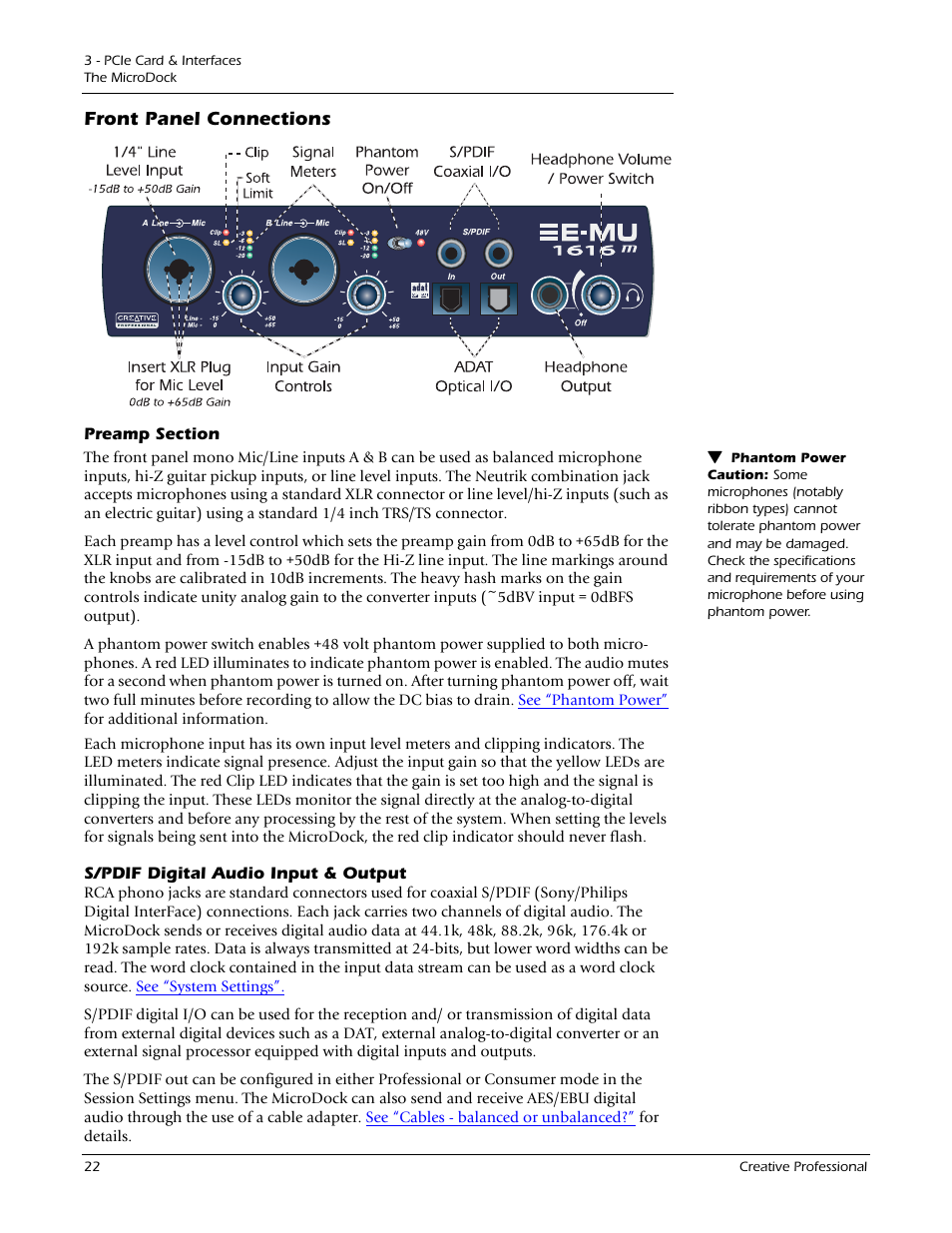 Front panel connections, Preamp section, S/pdif digital audio input & output | Preamp section s/pdif digital audio input & output | E-MU 1212M PCIe User Manual | Page 22 / 132