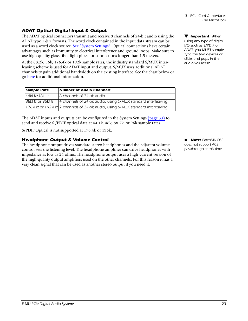 Adat optical digital input & output, Headphone output & volume control | E-MU 1212M PCIe User Manual | Page 23 / 132