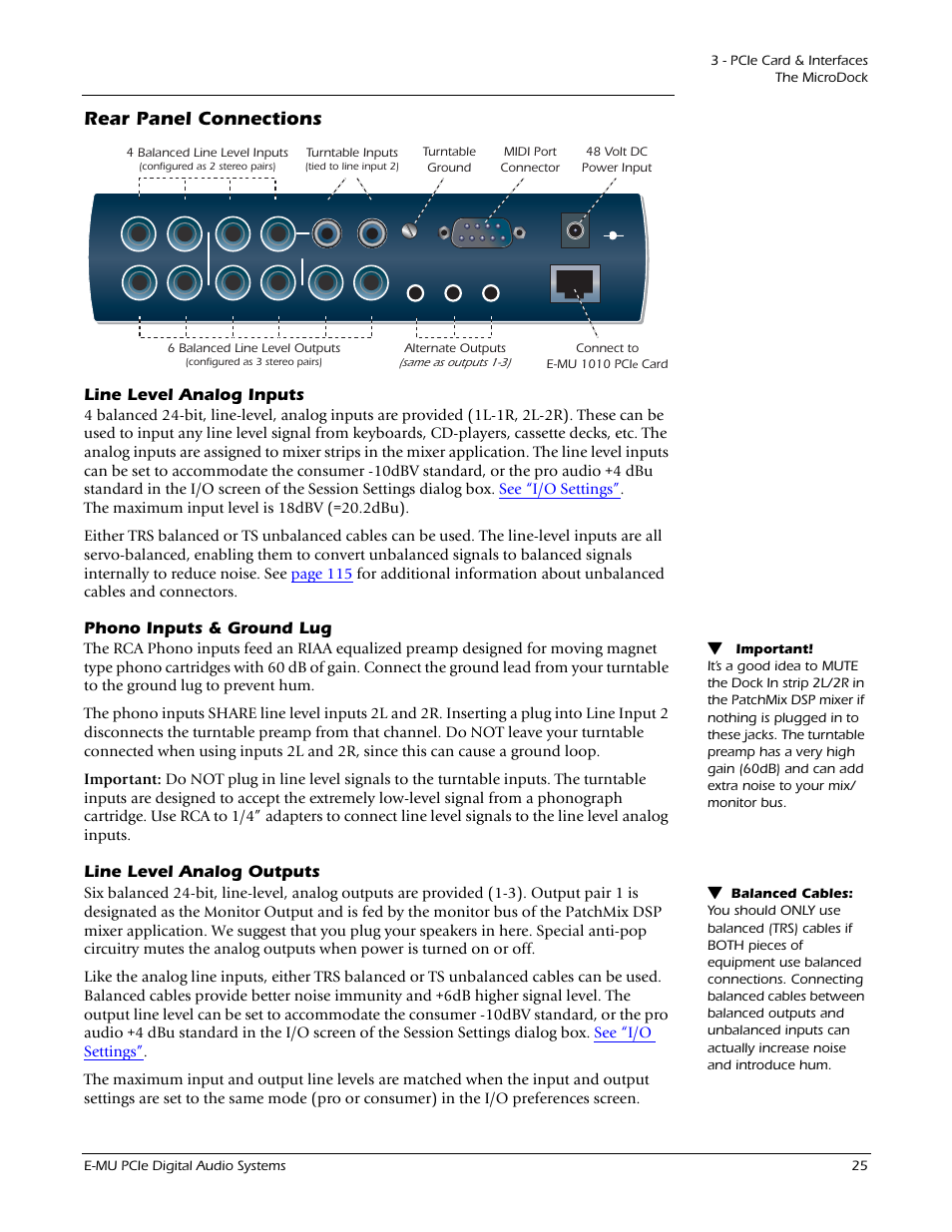 Rear panel connections, Line level analog inputs, Phono inputs & ground lug | Line level analog outputs | E-MU 1212M PCIe User Manual | Page 25 / 132