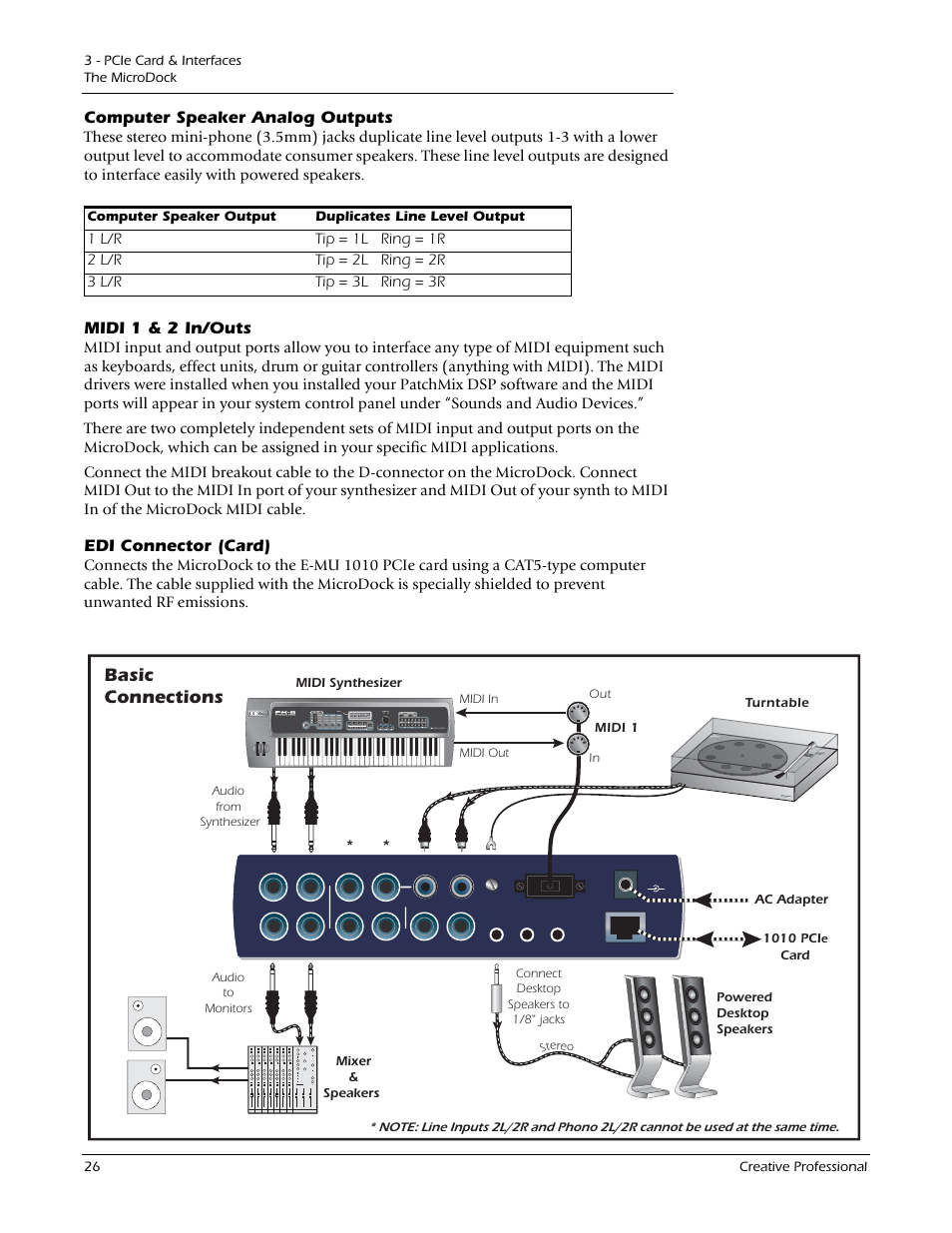 Computer speaker analog outputs, Midi 1 & 2 in/outs, Edi connector (card) | Basic connections | E-MU 1212M PCIe User Manual | Page 26 / 132