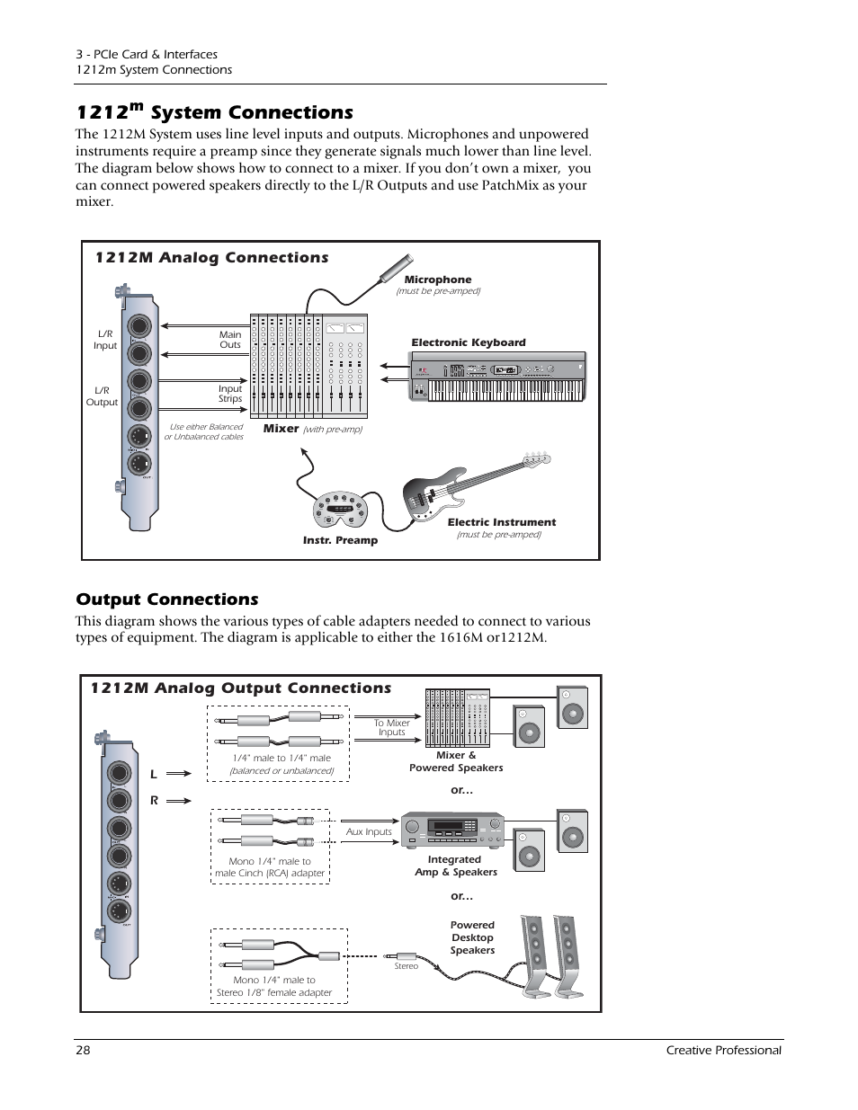 1212m system connections, Output connections, System connections | 1212m analog output connections, 1212m analog connections | E-MU 1212M PCIe User Manual | Page 28 / 132