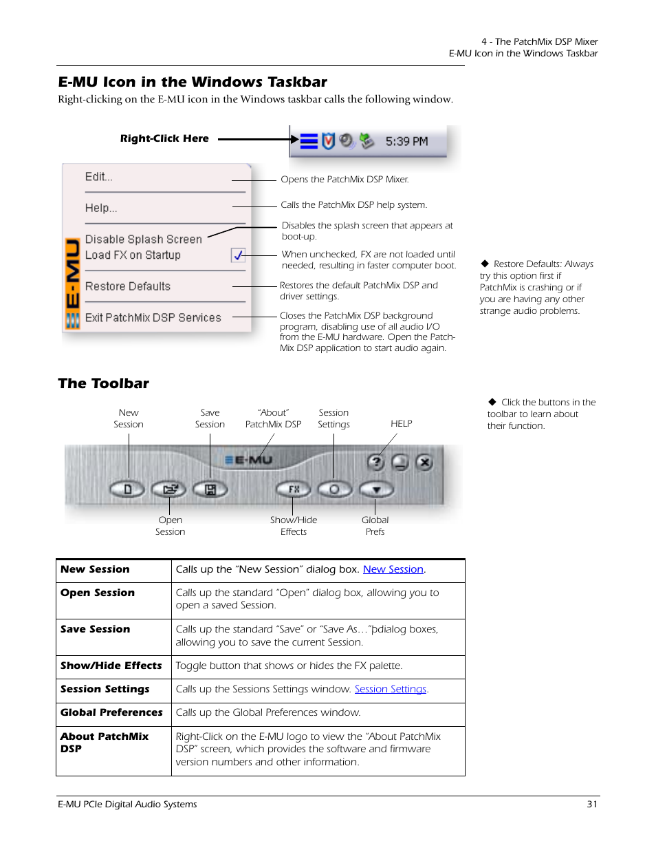 E-mu icon in the windows taskbar, The toolbar, E-mu icon in the windows taskbar the toolbar | E-MU 1212M PCIe User Manual | Page 31 / 132