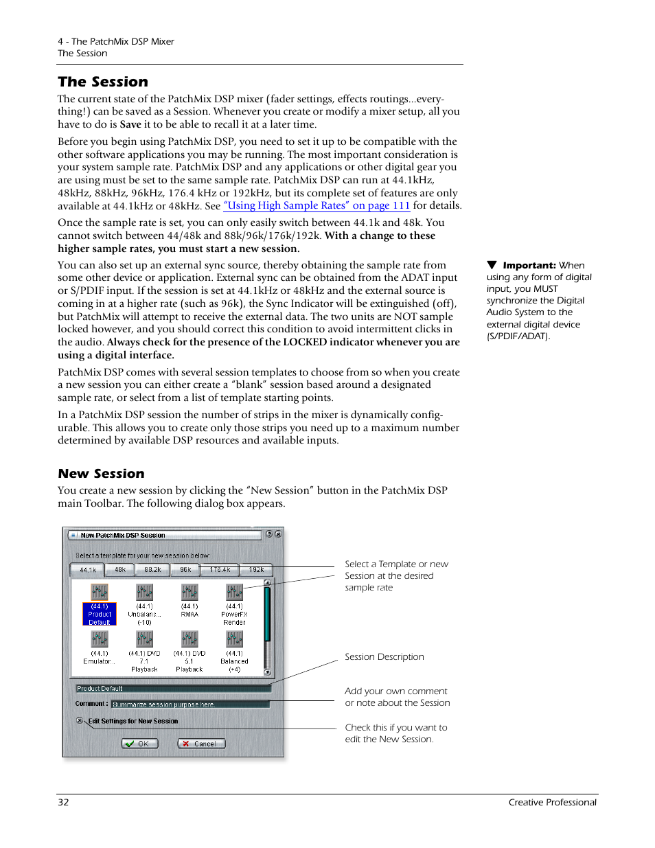The session, New session, Ialog box | E-MU 1212M PCIe User Manual | Page 32 / 132