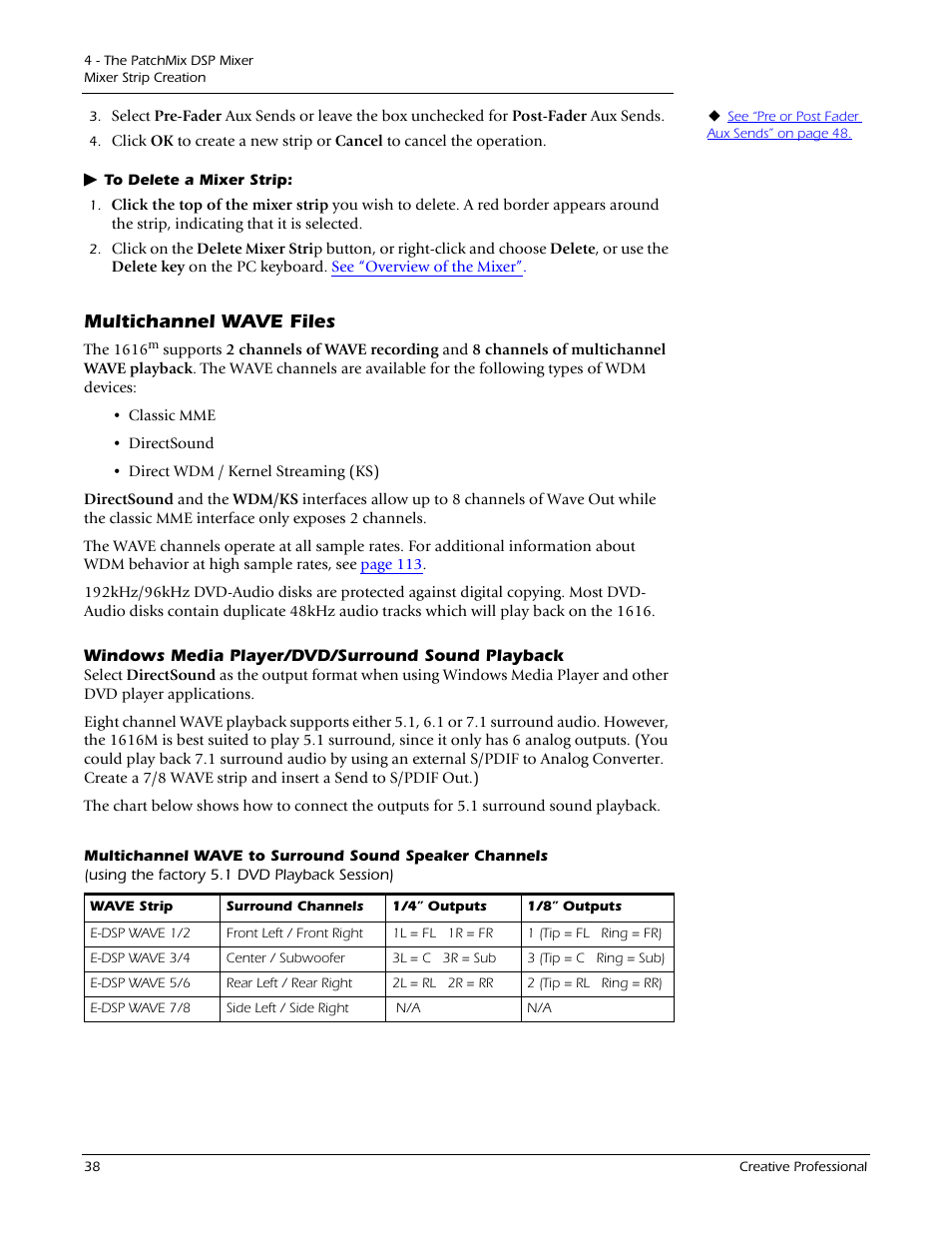Multichannel wave files, Windows media player/dvd/surround sound playback | E-MU 1212M PCIe User Manual | Page 38 / 132
