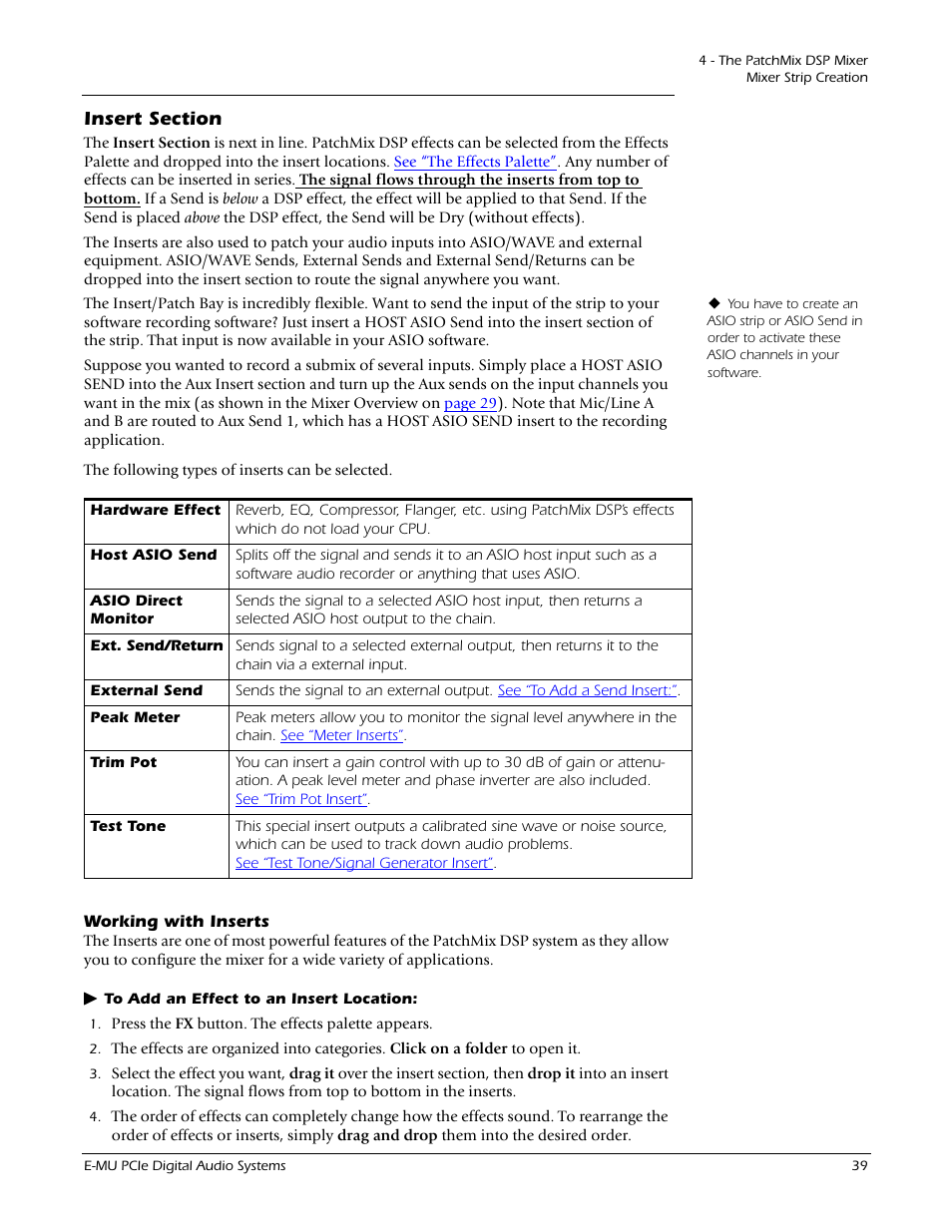 Insert section, Working with inserts | E-MU 1212M PCIe User Manual | Page 39 / 132