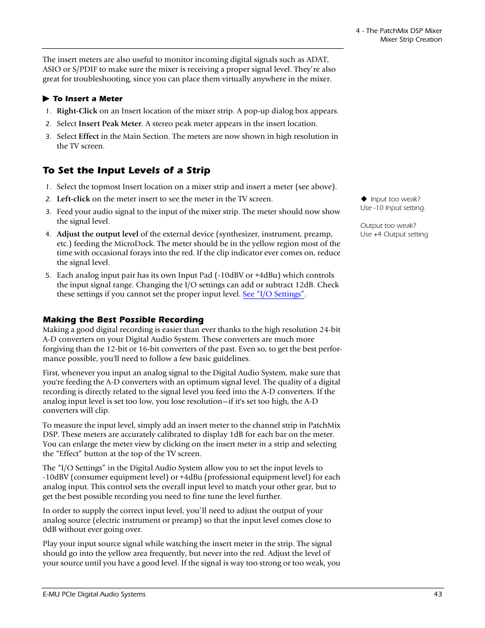 To set the input levels of a strip, Making the best possible recording, To set the input levels of a | Strip | E-MU 1212M PCIe User Manual | Page 43 / 132