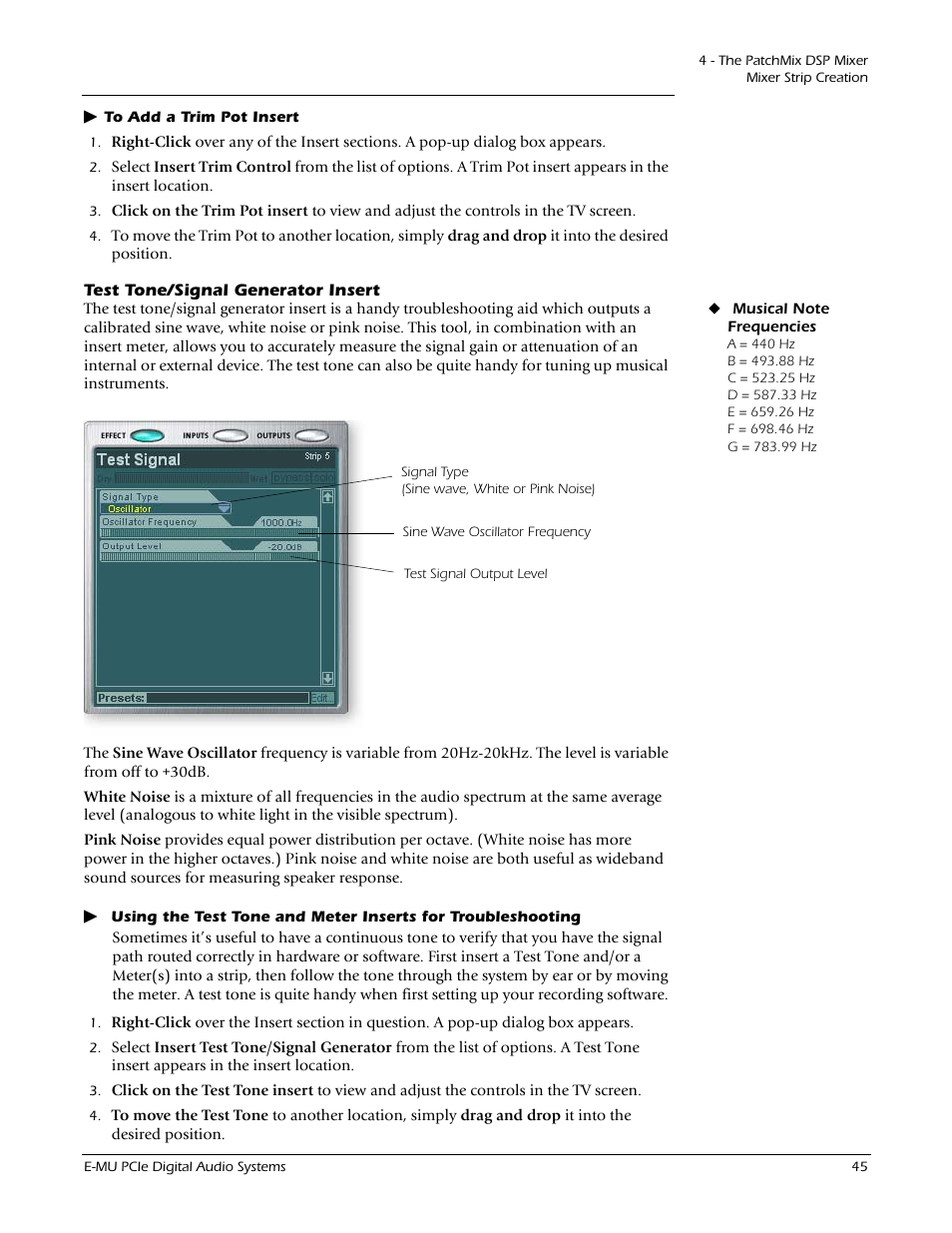 Test tone/signal generator insert, See “test tone/signal generator insert | E-MU 1212M PCIe User Manual | Page 45 / 132