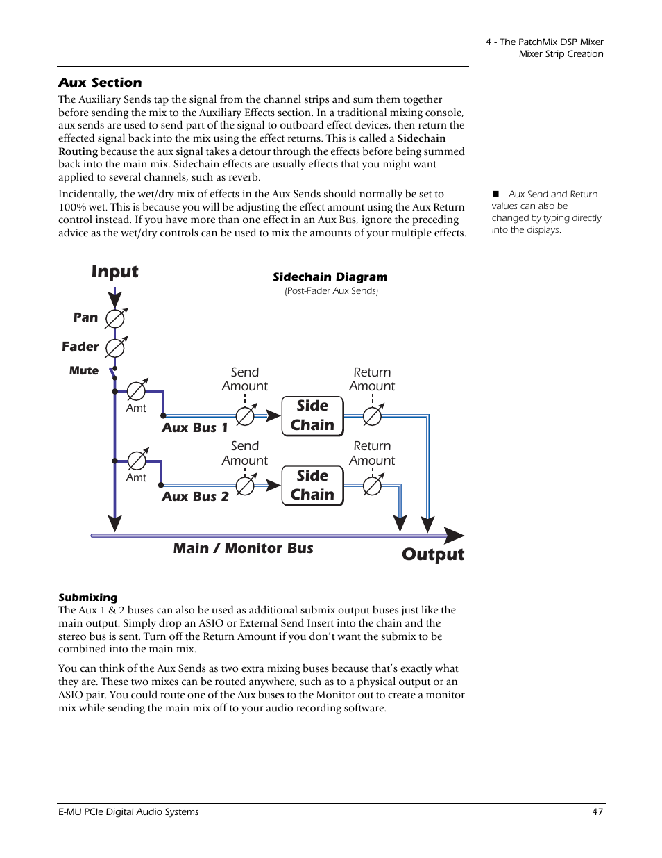 Aux section, Sidechain diagram, Output | Input, Side chain | E-MU 1212M PCIe User Manual | Page 47 / 132