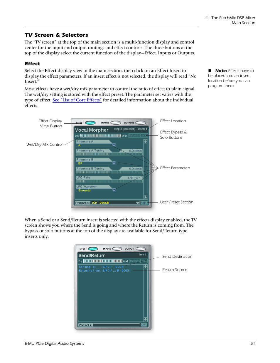 Tv screen & selectors, Effect | E-MU 1212M PCIe User Manual | Page 51 / 132